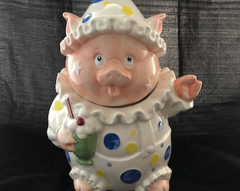 Clown Pig Cookie Jar by Cara Marks for Sigma The Tastesetter White w/ Polka Dots