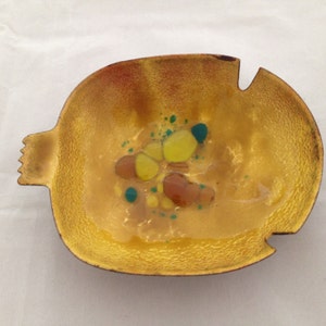 Vintage Mid Century Modern Multi Colored Enamel Over Metal Oval Ashtray Signed
