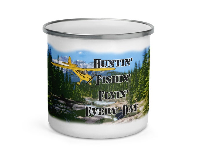 Huntin' Fishin' Flyin' Enamel Mug (12 oz)