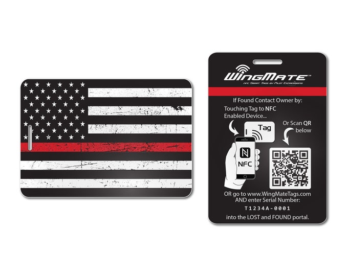 American Flag Thin Red Line Luggage Tag | Support First Responders | Fire and Rescue | WingMate Passive Tracking Smart Luggage Tag & Web App