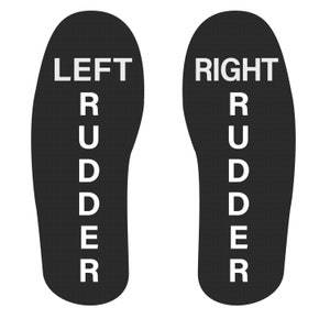 May include: Black and white foot pedal markings for a boat or aircraft. The left pedal is labeled "LEFT RUDDER" and the right pedal is labeled "RIGHT RUDDER".