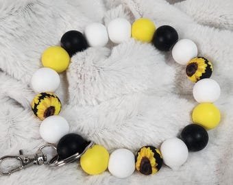 Sunflower Wristlet Keychain: Yellow, Black & White Silicone Beads