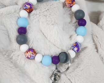 Beaded Wristlet Keychain: Paisley Flower Print, Purple, Blue, & Grey
