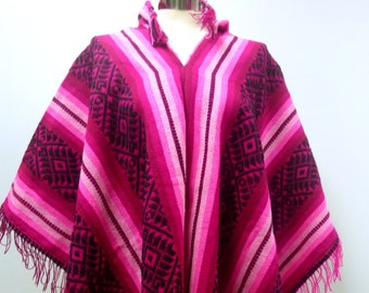 Andean Mountain Textile - Shaman Pink and Black Hooded Poncho