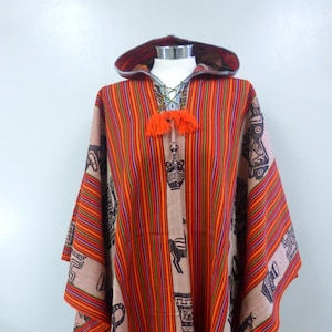 Shamans Hooded Orange Tones With Colored Designs Poncho- Andean Mountain Textile