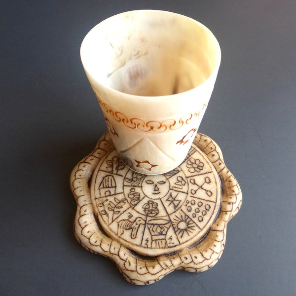 Andean Set of Ceremonial Carved Cup and Carved Serpent Mesa Stone Calendar