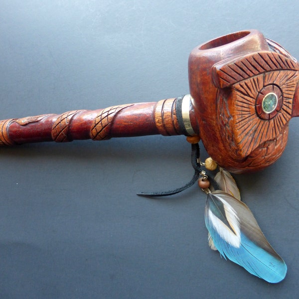 Shaman Pipe - Peruvian Hand-Carved Pipe - Algarrobo Wood - Unique Owl and Snake Carving - 13 inches Long