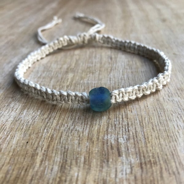 Sea Glass Hemp Anklet, Natural Braided, Macrame Anklet, Surfer Anklet, Unisex, Hemp Bracelet HA001601