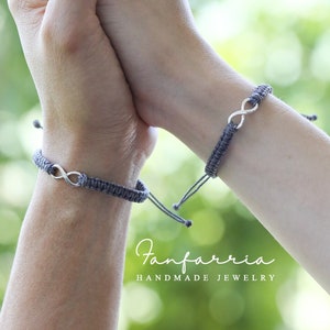 Infinity Sterling Silver Bracelets, Gray His and Hers Bracelets, Waterproof Cord, Adjustable LC001816
