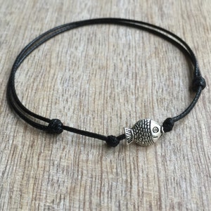 Fish Anklet, Black Waxed Cord Anklet, Adjustable Anklet WA001036