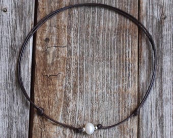 Freshwater Pearl Necklace, 8mm Pearl Brown Cord Choker, Rhodium Silver Beads, Minimalist Boho Jewelry, Adjustable Necklace