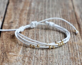 White Beaded Leather Bracelet, Adjustable, Waterproof