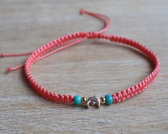 Sterling Silver Dolphin Charm Bracelet, Coral Pink Macrame, Turquoise Beads, Adjustable Boho Jewelry