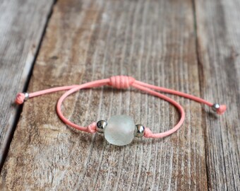 Recycled Glass Bead Bracelet or Anklet, Frosted Matte Sea Glass Charm, Adjustable Cord Boho Beach Jewelry Handmade Gift