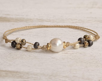 Pearl Bracelet, Boho Beaded Anklet, Neutral Earthy Beads, Adjustable Waxed Thread, Handmade Minimalist Gift