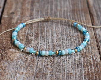 Turquoise Bead Bracelet, Adjustable String Anklet, Boho Beach Jewelry