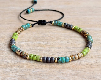 Turquoise Bead Ankle Bracelet, Adjustable Waxed Cord, Green & Gray Stone Beads, Gold Accent, Earthy Jewelry Gift for Him or Her
