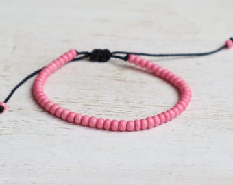 Pink Czech Bead Anklet Bracelet, Adjustable Cord, Minimalist Boho Stacking Jewelry