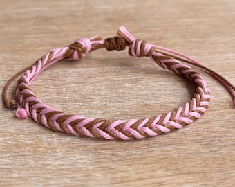 Striped Braided Bracelet, Pink Brown Fishtail Cord, Fall 2026 Boho Jewelry, Adjustable Waxed Thread, Handmade Autumn Gift