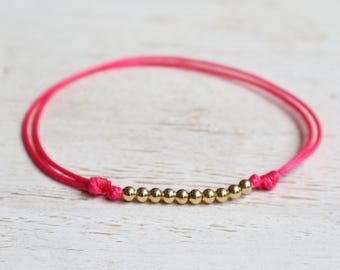Pink Neon String Anklet Bracelet, Gold Plated Beads, Boho Beach Style, Lido Collection