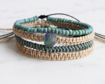 Beach Macrame Bracelet Set, Waterproof Surfer Bracelets, Sea Glass Beaded Jewelry, Adjustable Handmade Bracelets