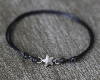 Star Charm Anklet Bracelet, Black Cord, Adjustable Waxed String, Minimalist Celestial Jewelry Gift