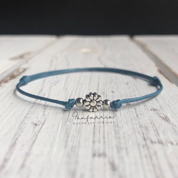 Sterling Silver Flower Anklet, Deep Teal Cord Anklet, Adjustable, Waterproof WA001761