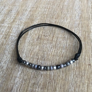 Seashore, Gray Beaded Anklet, Waterproof, Waxed Cord Anklet, Silver Anklet, Adjustable Anklet WA001543