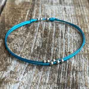 Amelia, Teal, Beaded Anklet, Waxed Cord Adjustable Anklet, Waterproof WA001772
