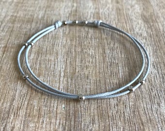 Amelia, Silver Beaded Anklet, Gray Cord Adjustable Anklet, Waterproof WA001466