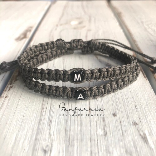 Couple Bracelets Initials Gray His and Hers Distance Love Etsy