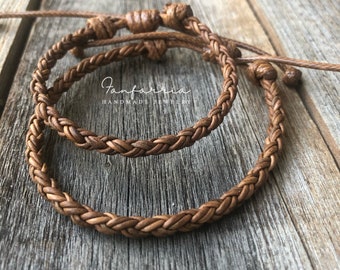 Key West, Light Brown Braided Leather Bracelet, Simple Bracelet, Couple Bracelets, His and her Bracelet, Minimalist LC001952