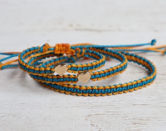 Matching Family Bracelets, Striped Turquoise Orange, Gold Heart Charm, Mom Daughter Gift, Adjustable Boho Bracelets