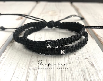 Marathon, Couple Bracelets, Initial, Black His and Hers, Distance, Love Knot, Anniversary gift, Matching Bracelet