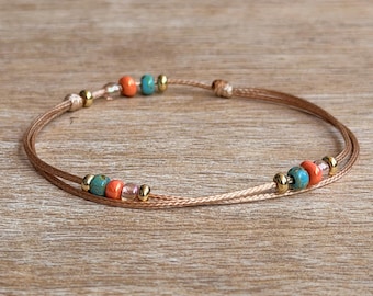 Beaded Anklet Bracelet, Waterproof, Adjustable, Minimalist Turquoise and Coral