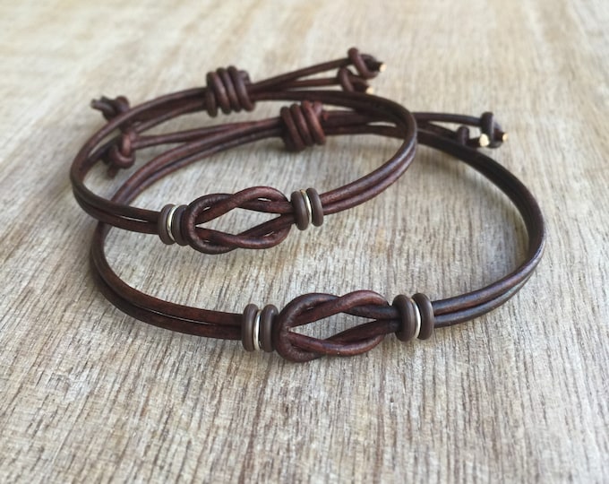 Couples Bracelet Set, Matching Celtic Knot Dark Brown Leather Bracelets, Sanibel Style