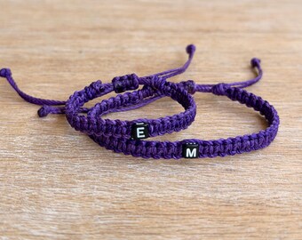 Mom and Me Purple Braided Bracelets, Custom Initial Letter Family Jewelry
