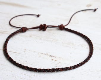 Braided Leather Necklace, Adjustable Dark Brown Cord, Woven Choker Style, Minimalist Unisex Jewelry Gift