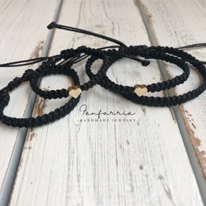 Set of 4 Braided Cord Matching Bracelets, 2 with Gold Hearts, 2 Plain, Handmade Adjustable Gift for Couples, Friends or Family HF001948