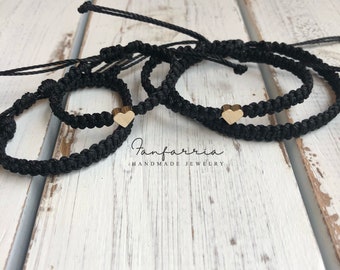 Set of 4 Braided Cord Matching Bracelets, 2 with Gold Hearts, 2 Plain, Handmade Adjustable Gift for Couples, Friends or Family HF001948