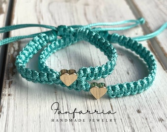Mommy and Me Seagreen Aqua Bracelet Set, Gold Hearts 14k