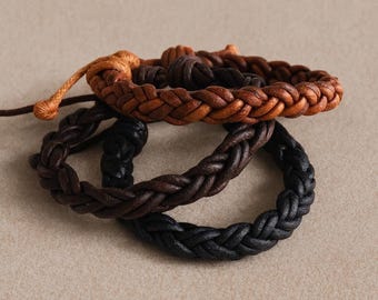 Thick Braided Leather Adjustable Bracelet Unisex