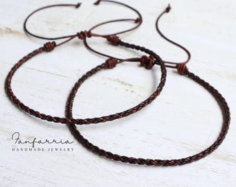 Couples Leather Chokers, Braided Necklaces, Couples Anniversary Gift, Adjustable Dark Brown Cord, His and Hers Matching Style