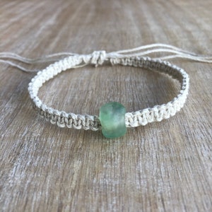 Green Sea Glass Hemp Anklet, Natural Braided, Macrame Anklet, Surfer Anklet, Unisex, Hemp Bracelet HA001949