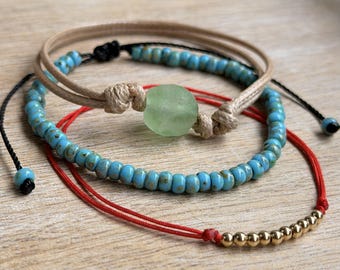 Beaded Bracelet Anklet Set Turquoise Czech Beads Recycled Glass Gold Adjustable Sliding Knot Stackable Handmade Gift