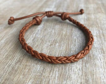 Key West Light Brown Braided Leather Bracelet Unisex Holiday Gift For Her Him