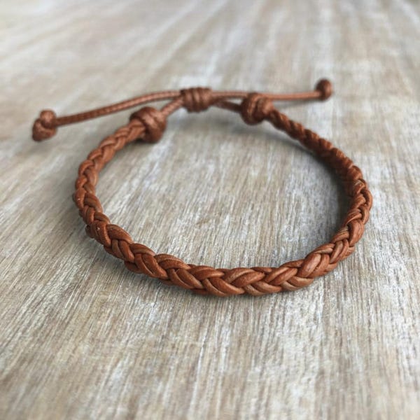Key West Light Brown Braided Leather Bracelet Unisex Holiday Gift For Her Him
