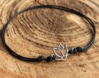 Lotus Anklet, Lotus Flower Black Anklet, Waxed Cord Anklet, Yoga Anklet, Mindfulness gift WA001681