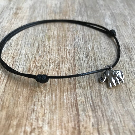 Black Waxed Cord Anklet Elephant Anklet Adjustable Anklet WA001424