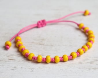 Yellow Czech Glass Bead Bracelet, Pink Cord, Boho Adjustable Anklet